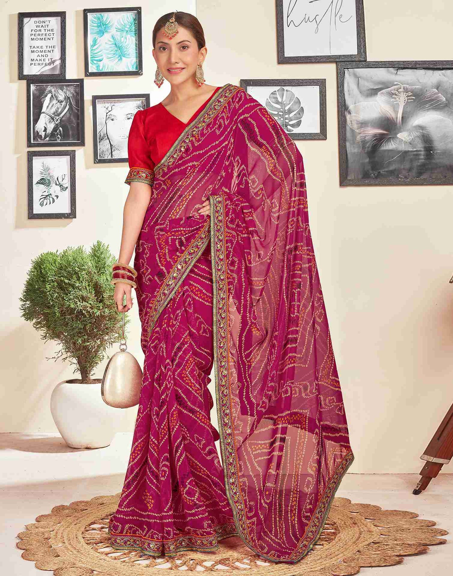 Dark Pink Georgette Embroidery Printed Saree