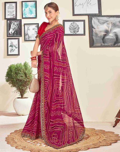 Dark Pink Georgette Embroidery Printed Saree