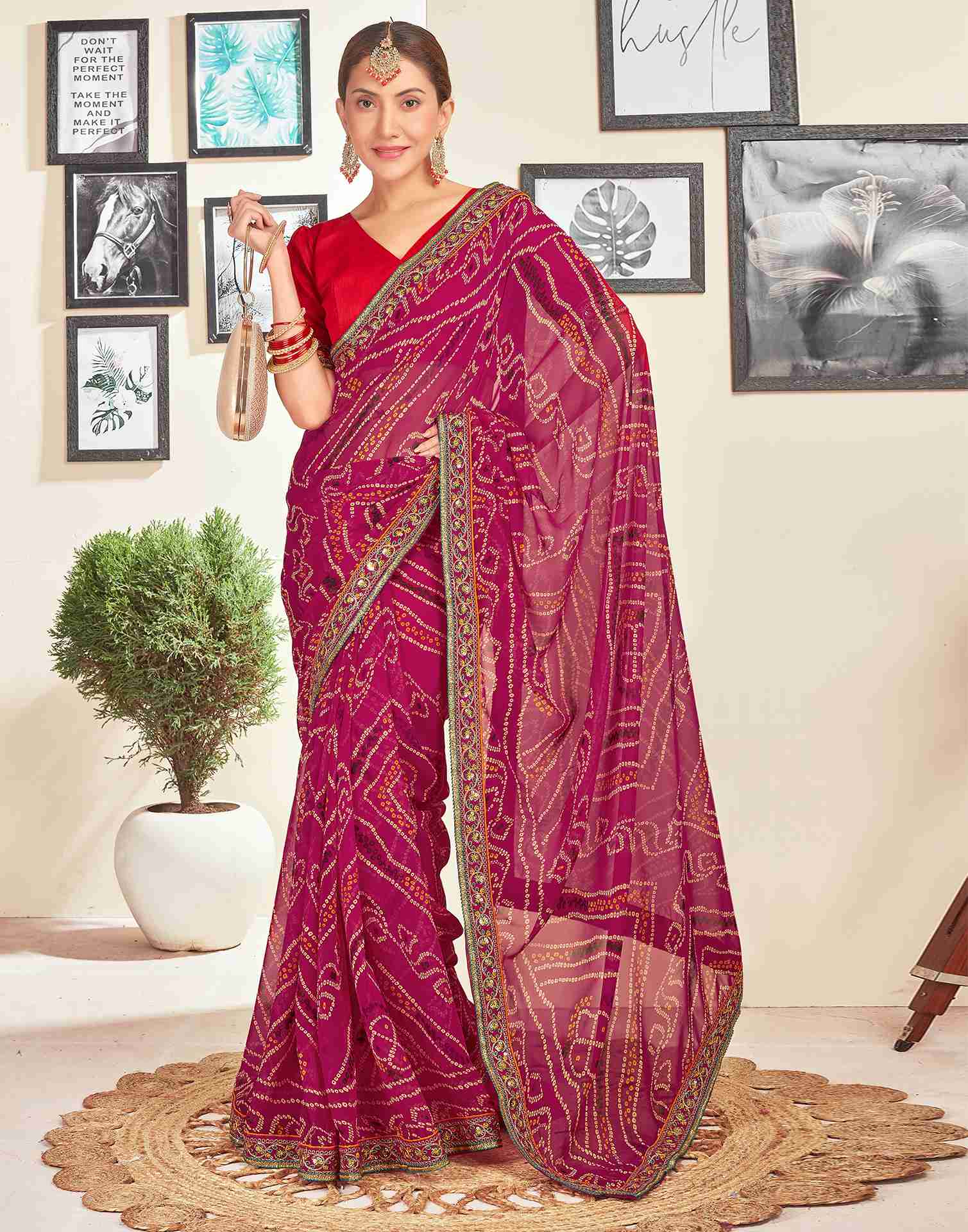 Dark Pink Georgette Embroidery Printed Saree