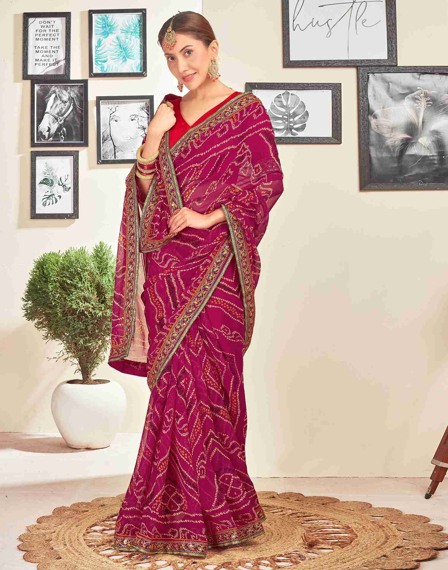 Dark Pink Georgette Embroidery Printed Saree