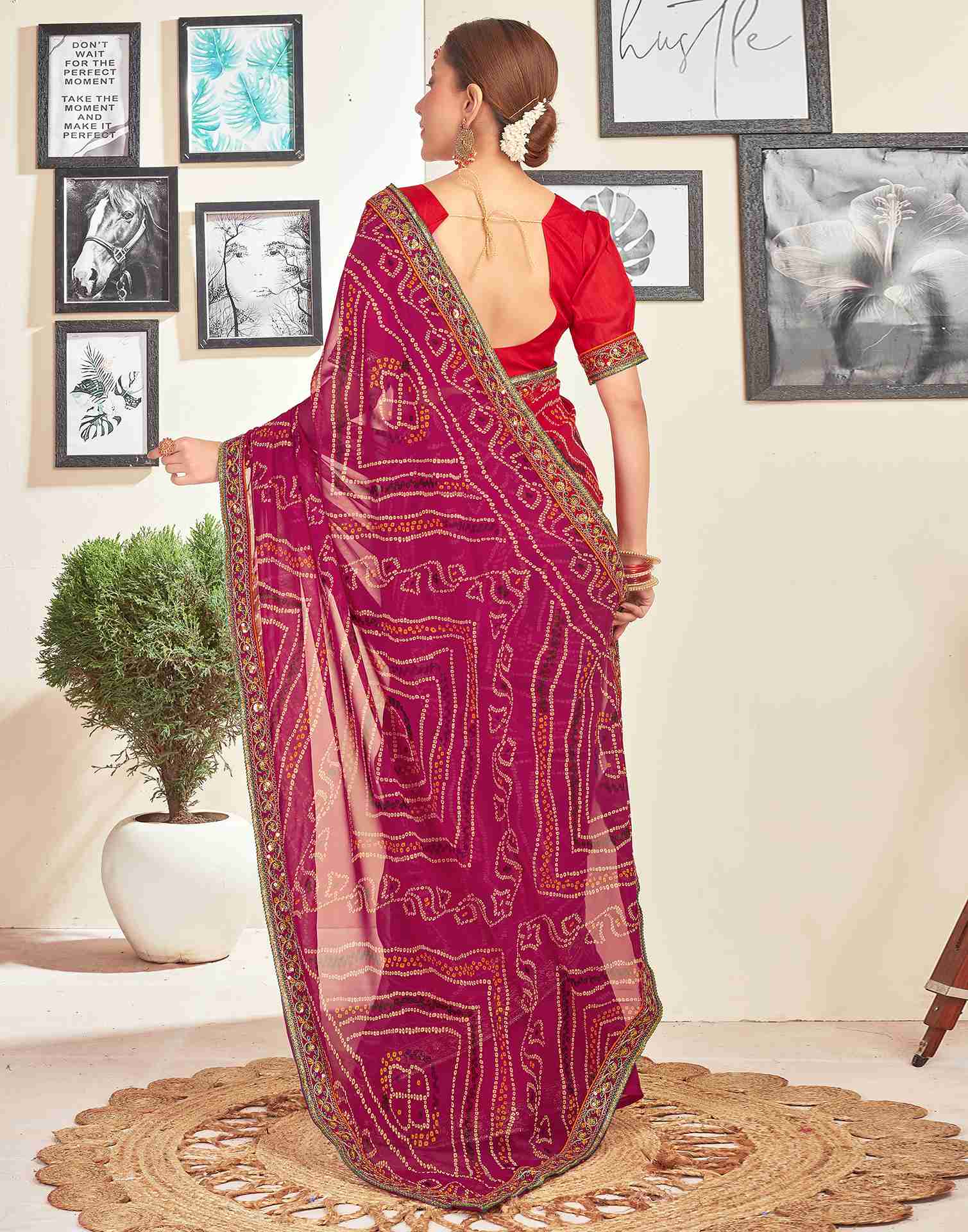 Dark Pink Georgette Embroidery Printed Saree