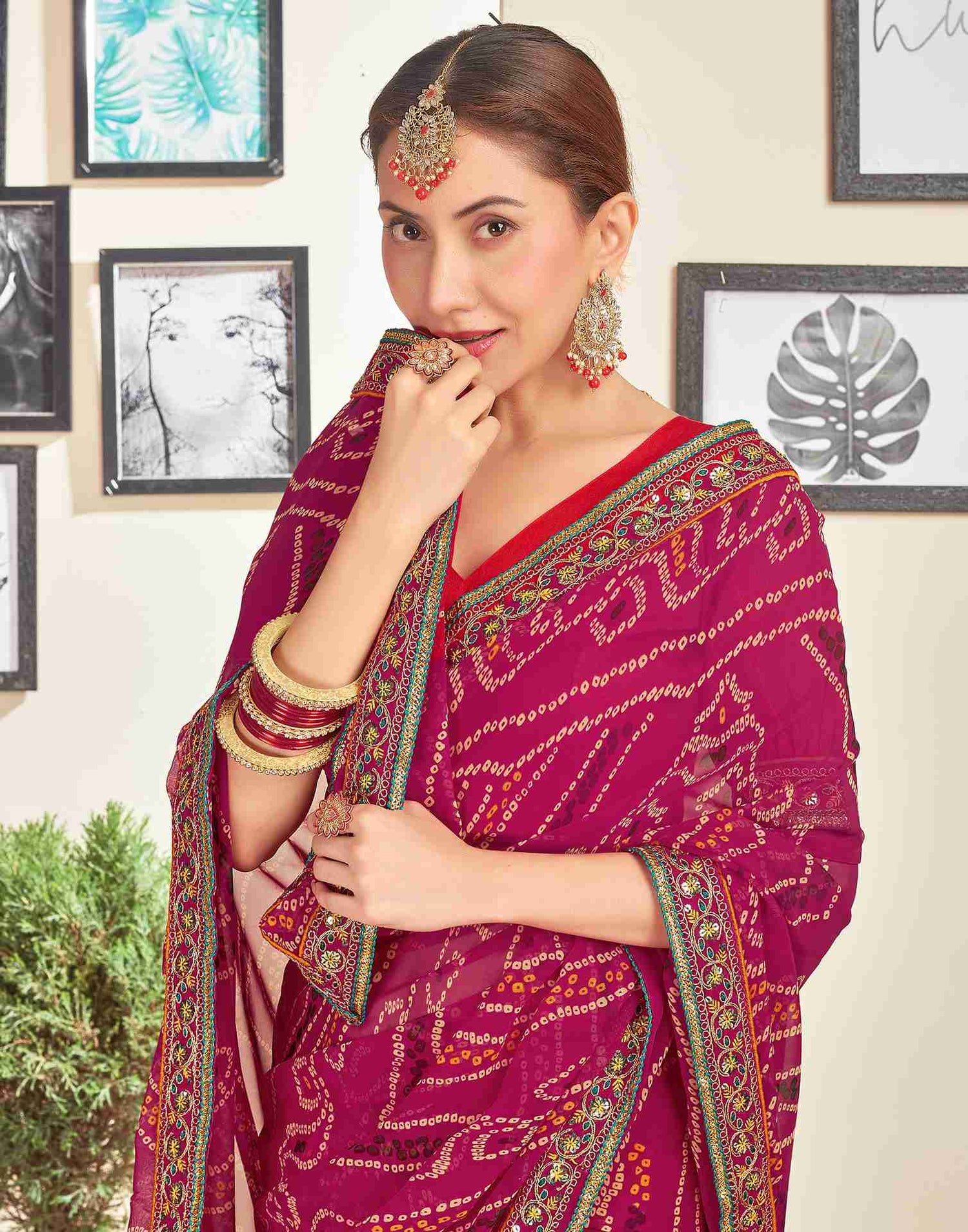 Dark Pink Georgette Embroidery Printed Saree