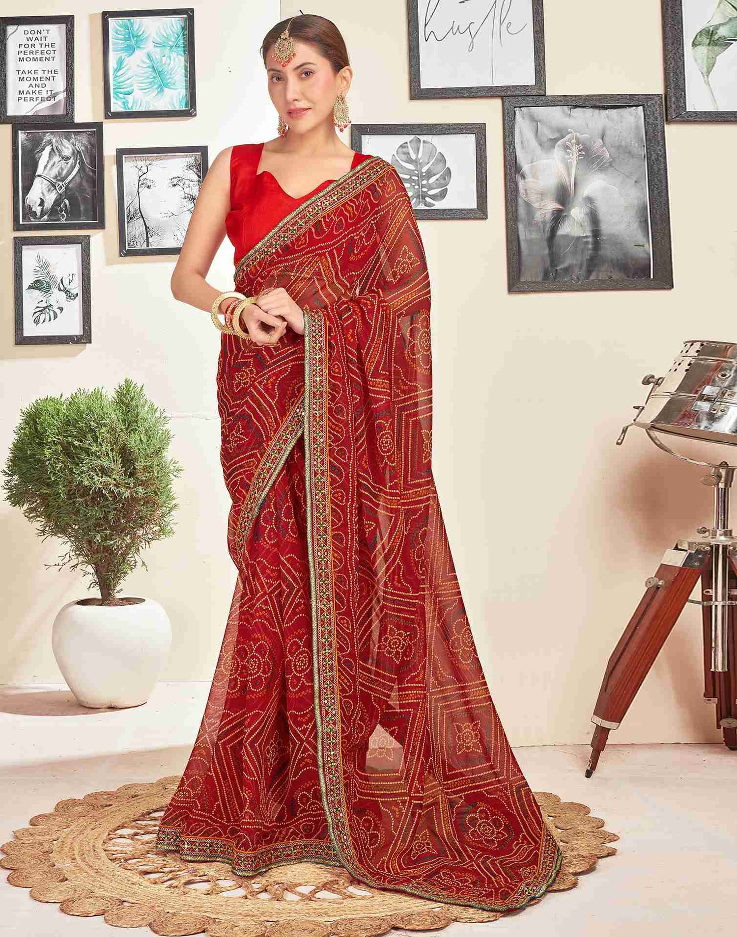 Dark Red Georgette Embroidery Printed Saree