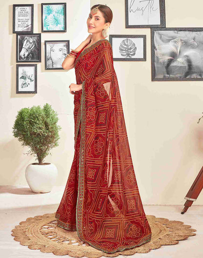 Dark Red Georgette Embroidery Printed Saree