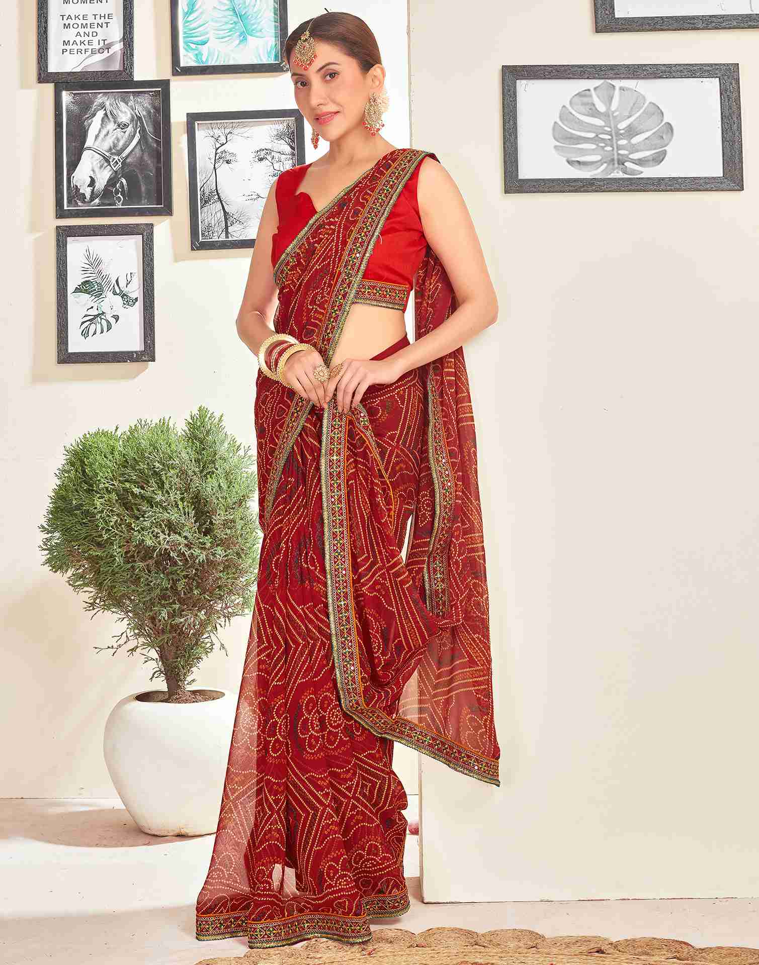 Dark Red Georgette Embroidery Printed Saree