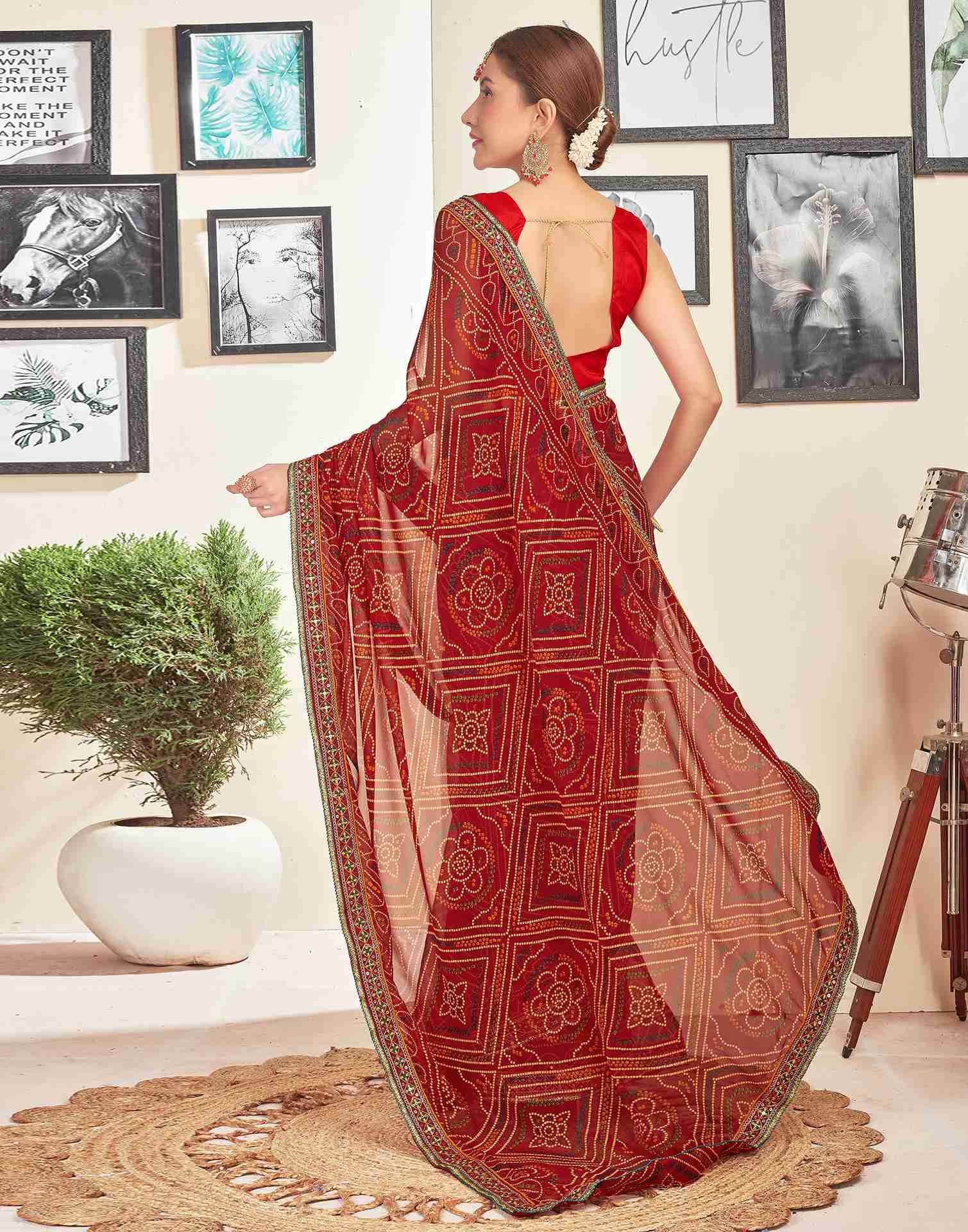 Dark Red Georgette Embroidery Printed Saree