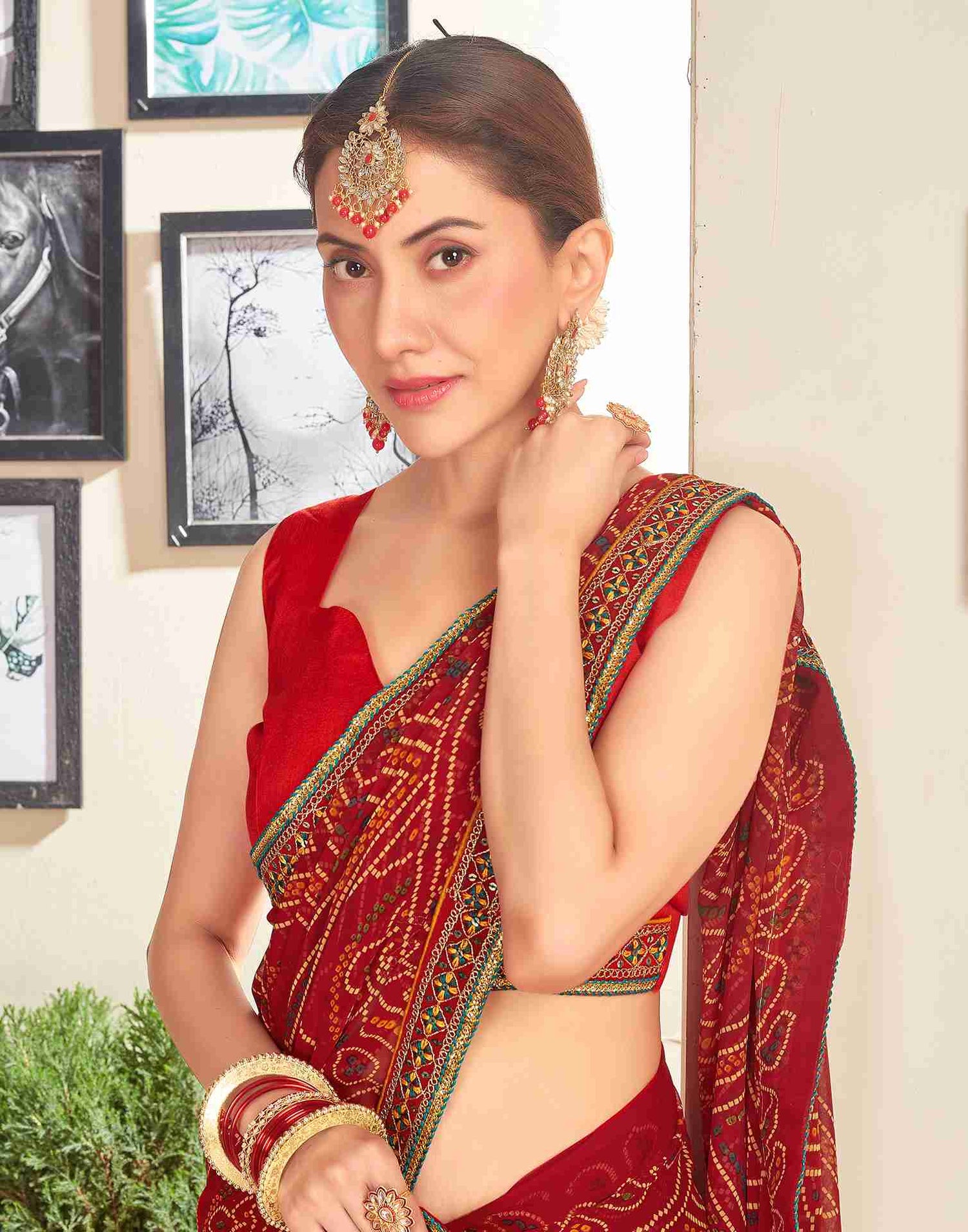 Dark Red Georgette Embroidery Printed Saree