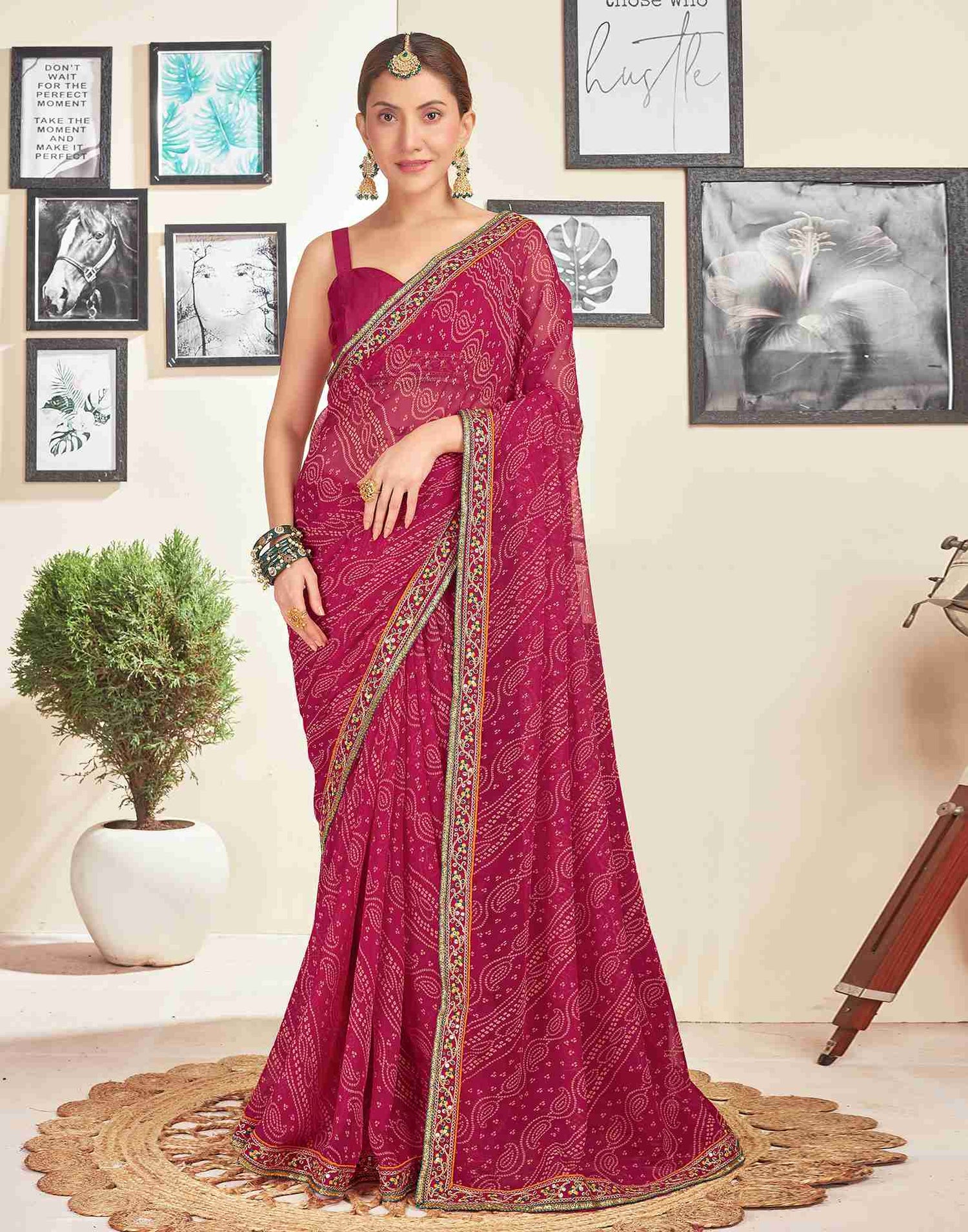 Dark Pink Georgette Embroidery Printed Saree