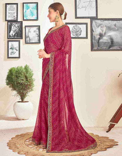 Dark Pink Georgette Embroidery Printed Saree