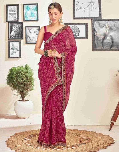 Dark Pink Georgette Embroidery Printed Saree