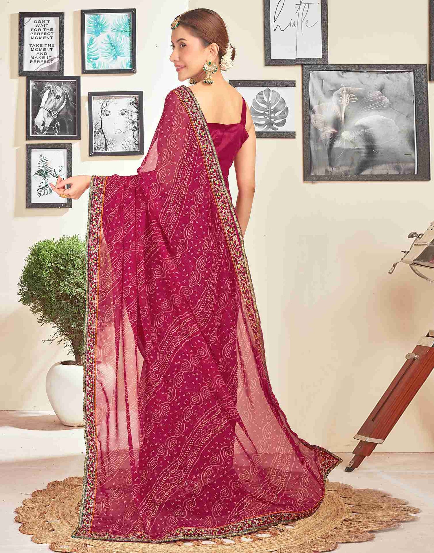 Dark Pink Georgette Embroidery Printed Saree