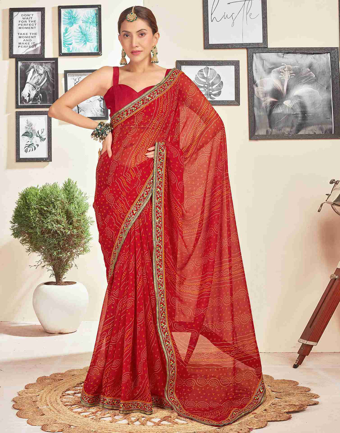 Red Georgette Embroidery Printed Saree