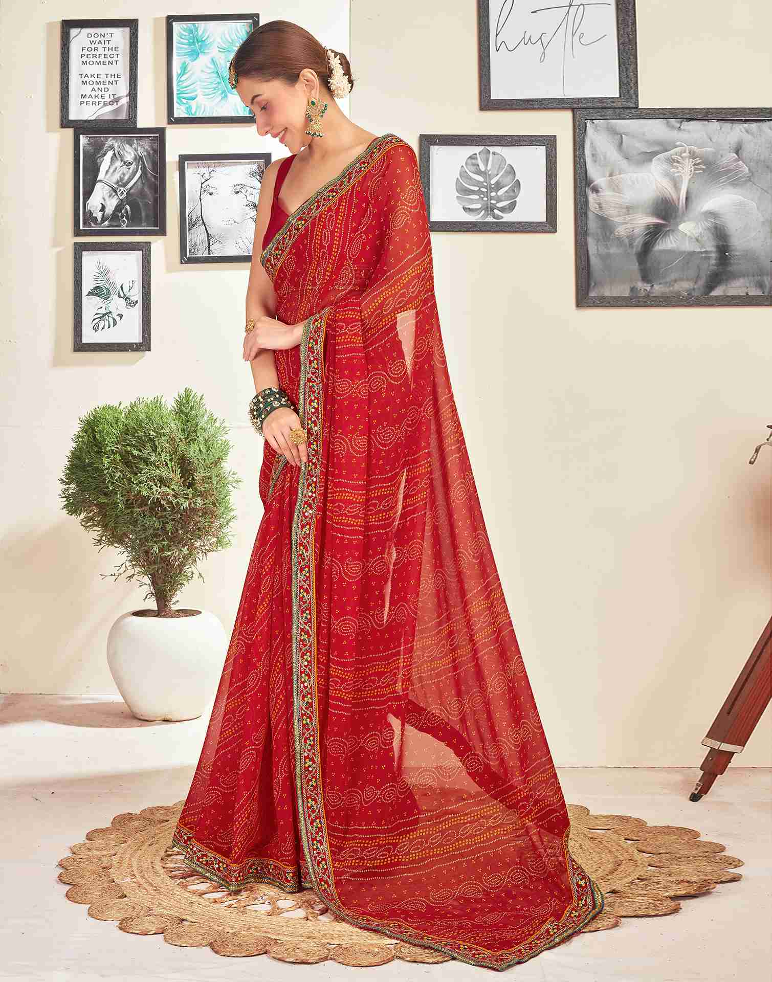 Red Georgette Embroidery Printed Saree