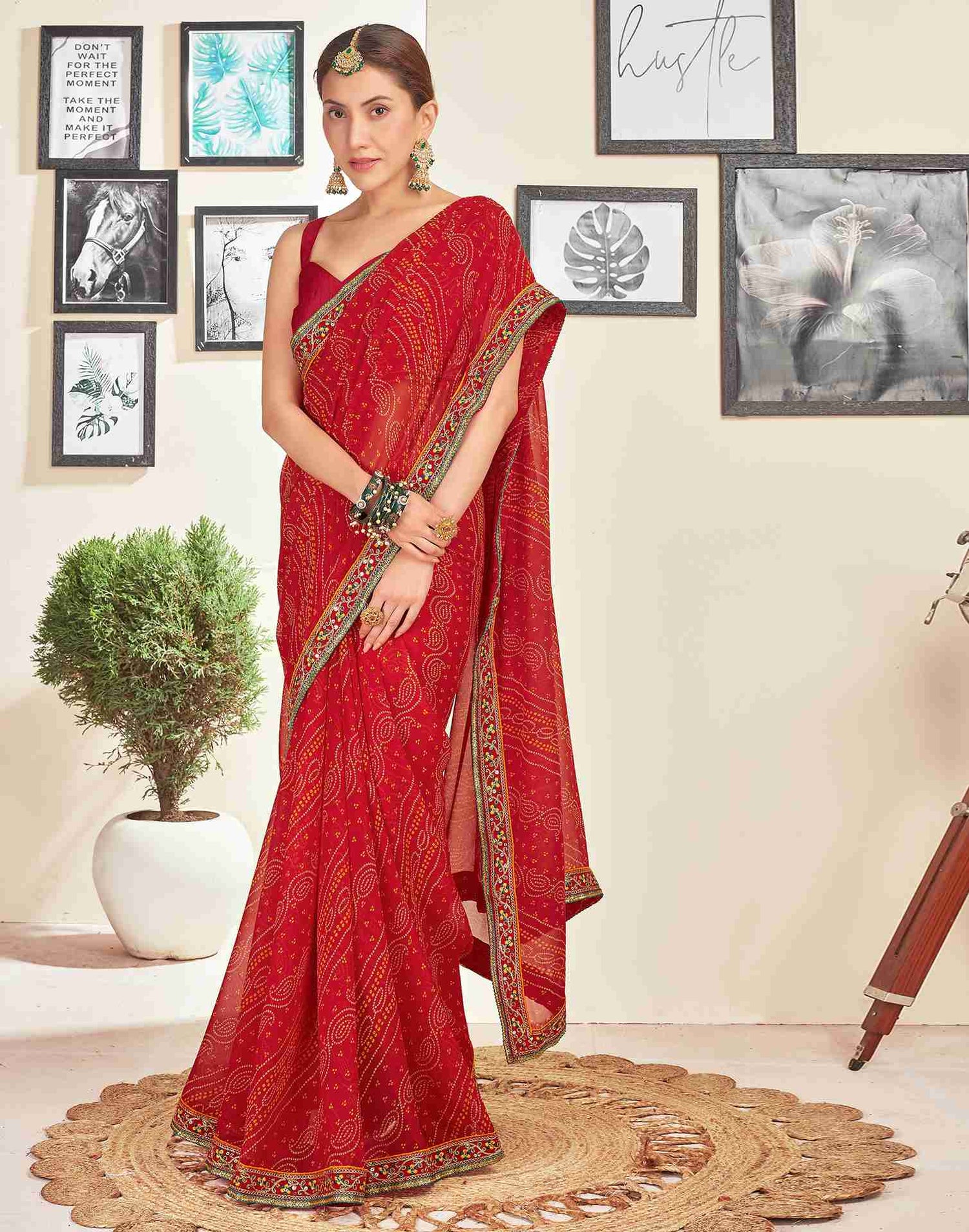 Red Georgette Embroidery Printed Saree