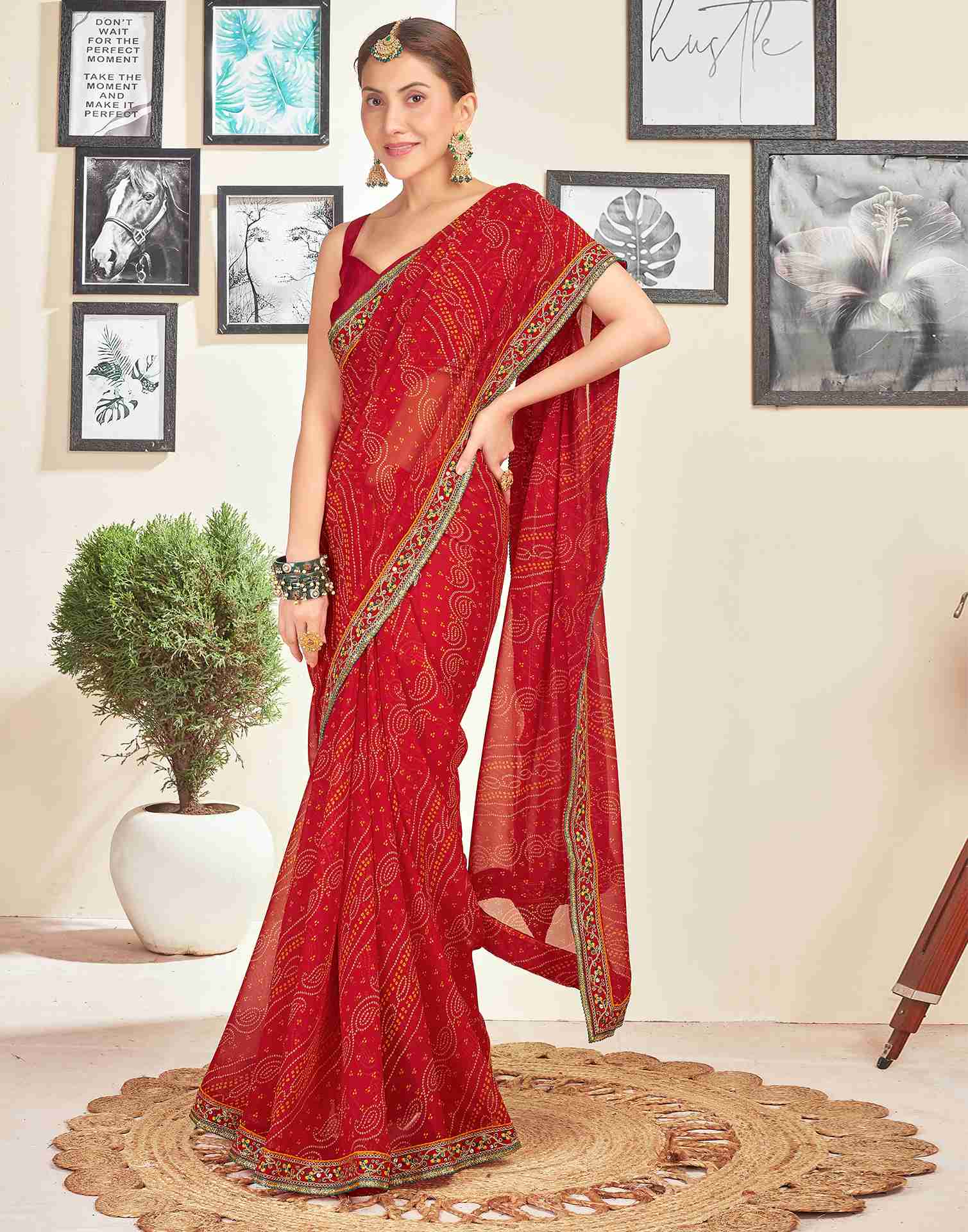 Red Georgette Embroidery Printed Saree