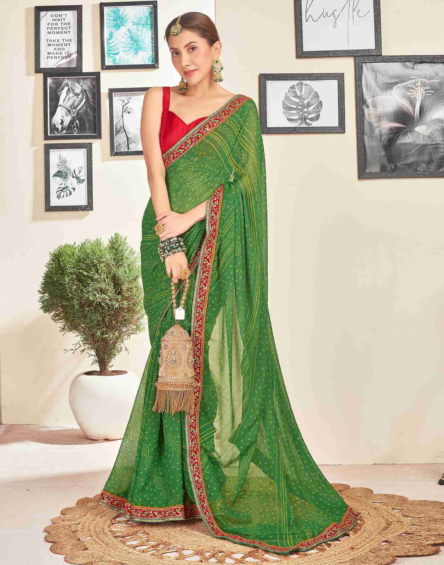 Green Georgette Embroidery Printed Saree