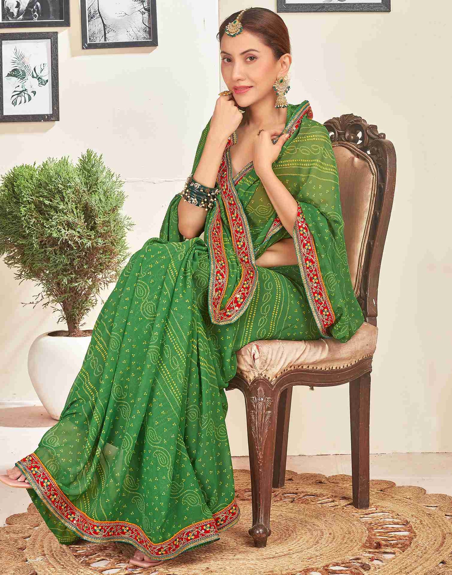 Green Georgette Embroidery Printed Saree