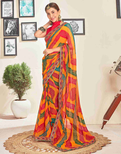 Yellow Georgette Embroidery Printed Saree