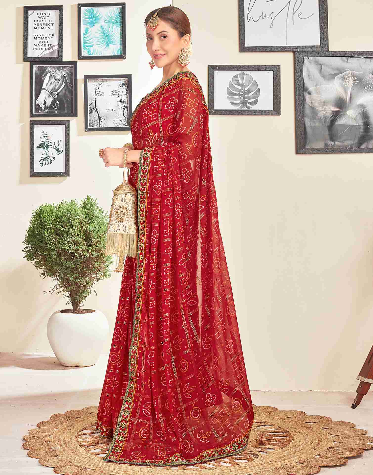 Dark Red Georgette Embroidery Printed Saree