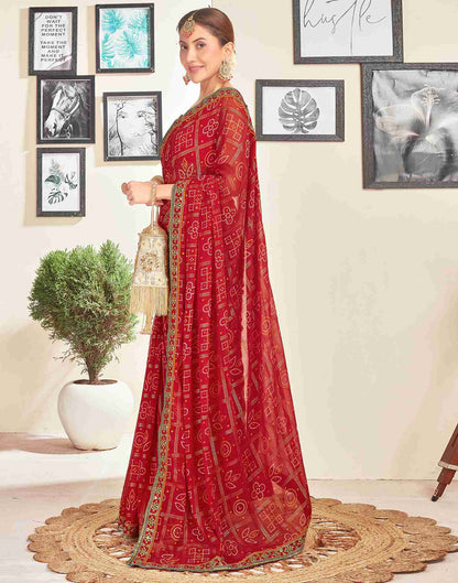 Dark Red Georgette Embroidery Printed Saree