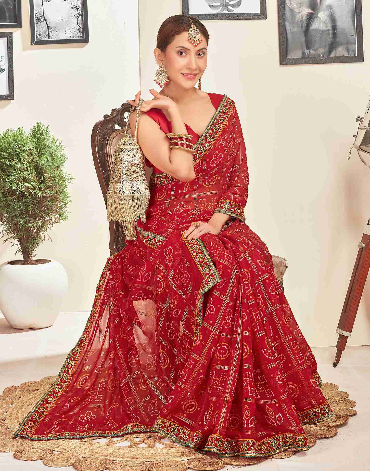 Dark Red Georgette Embroidery Printed Saree