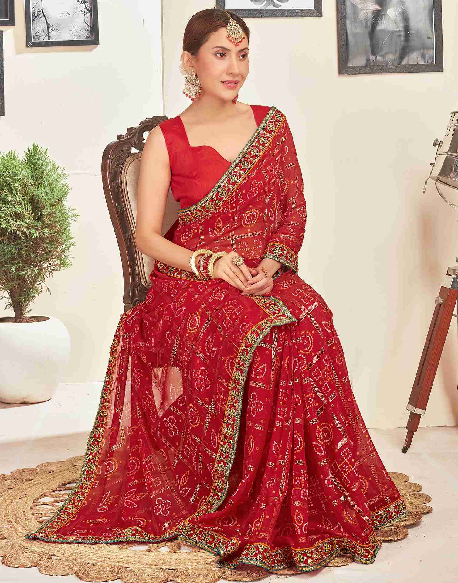 Dark Red Georgette Embroidery Printed Saree