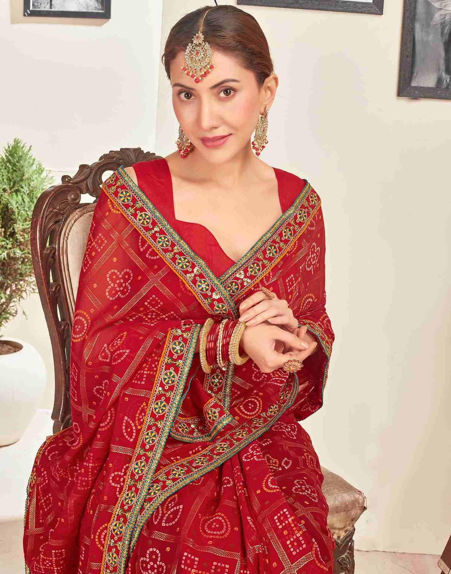 Dark Red Georgette Embroidery Printed Saree