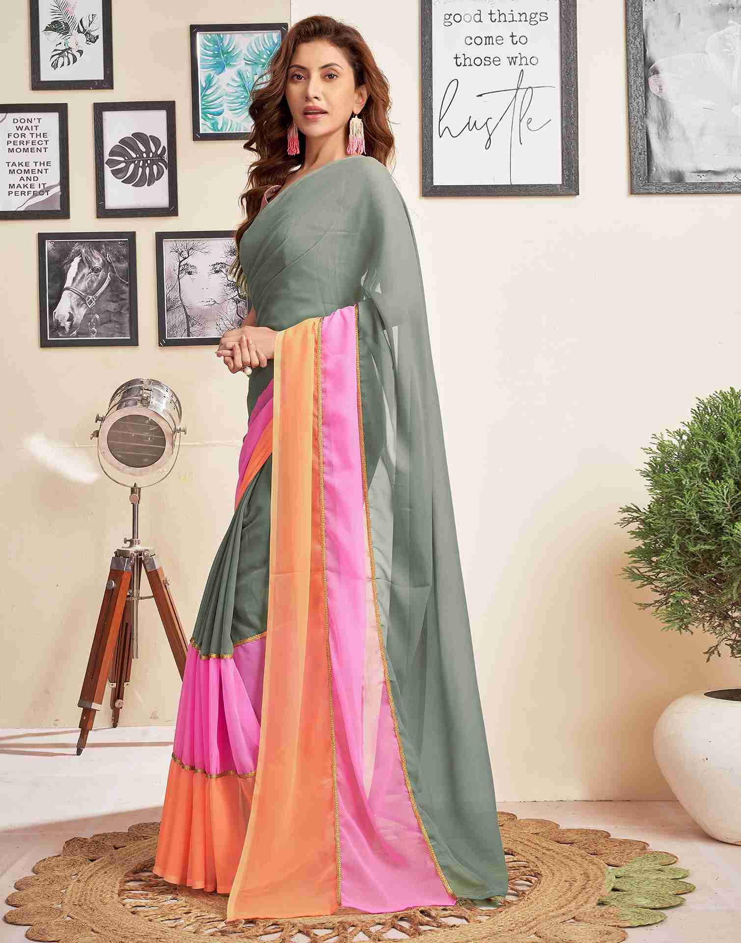 Grey Georgette Plain Saree