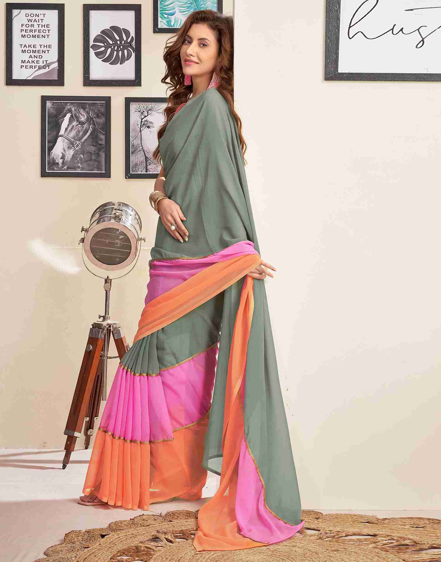 Grey Georgette Plain Saree