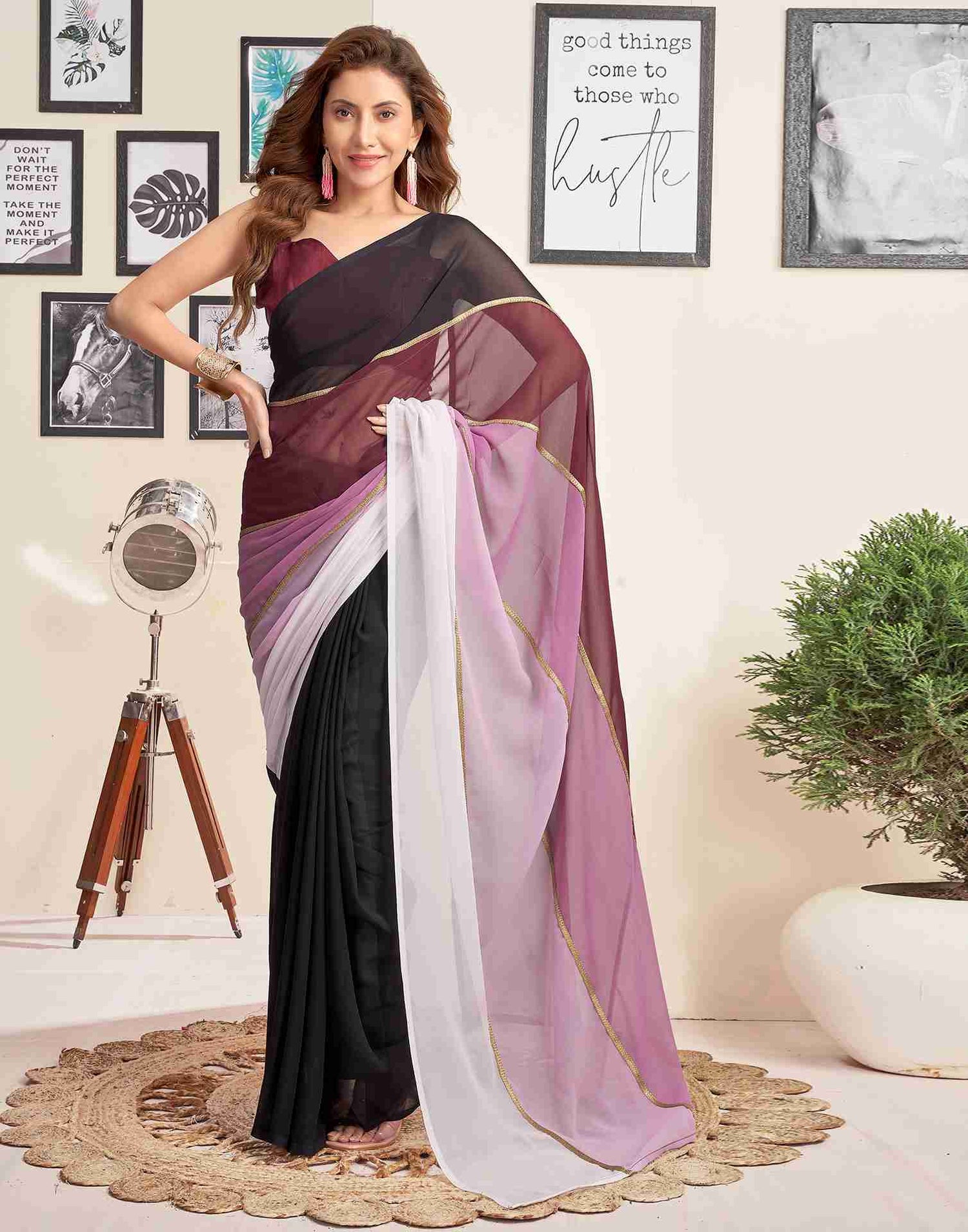 White Georgette Plain Saree