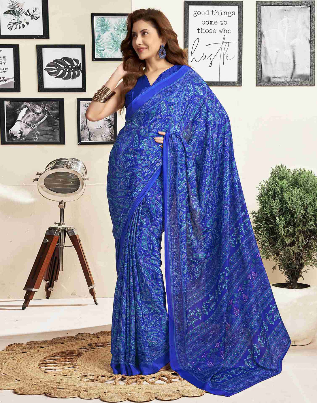 Dark Blue Silk Printed Saree