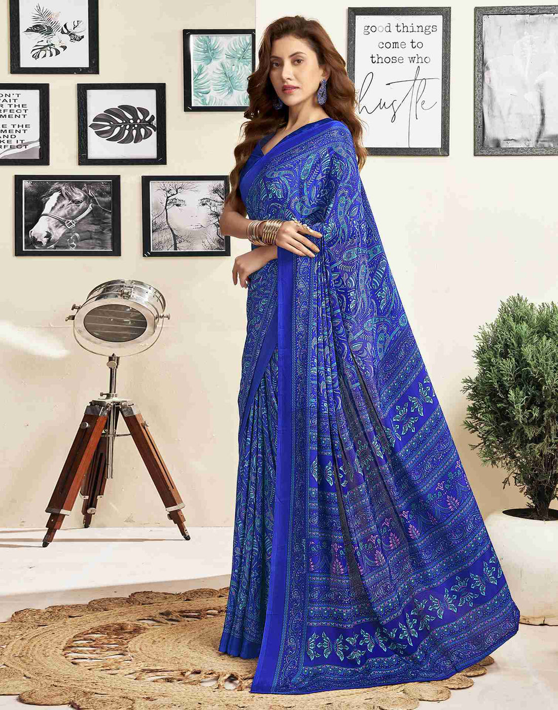 Dark Blue Silk Printed Saree