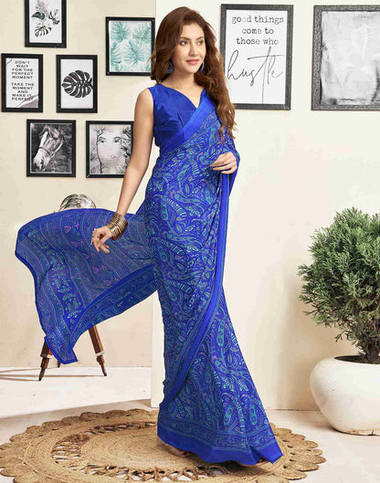 Dark Blue Silk Printed Saree