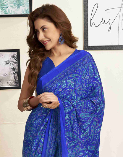 Dark Blue Silk Printed Saree