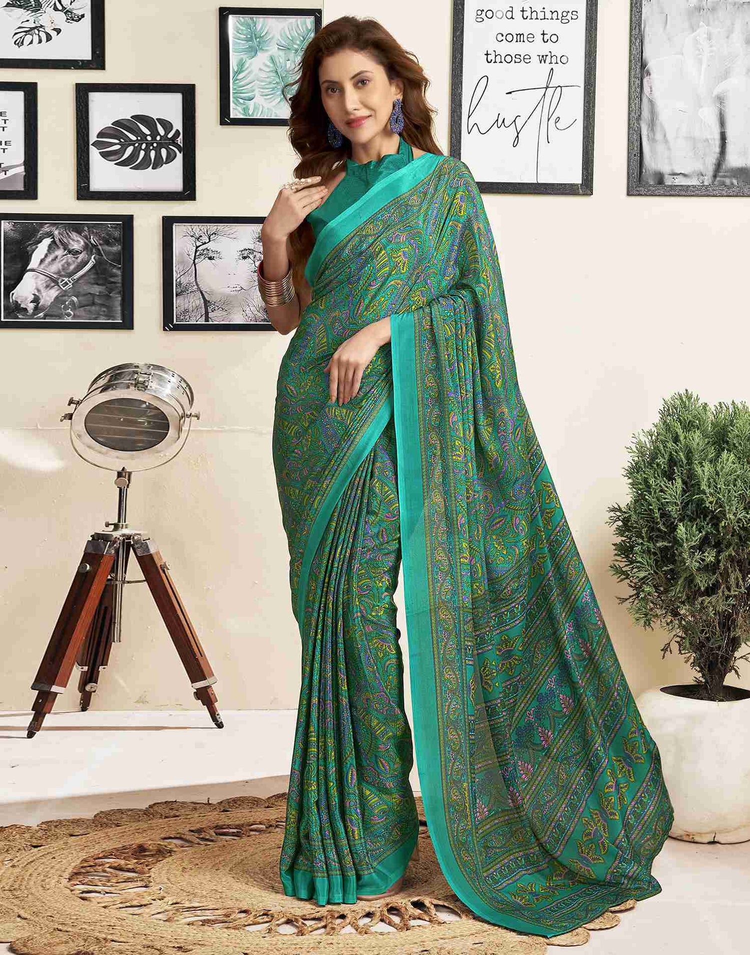 Teal Green Silk Printed Saree