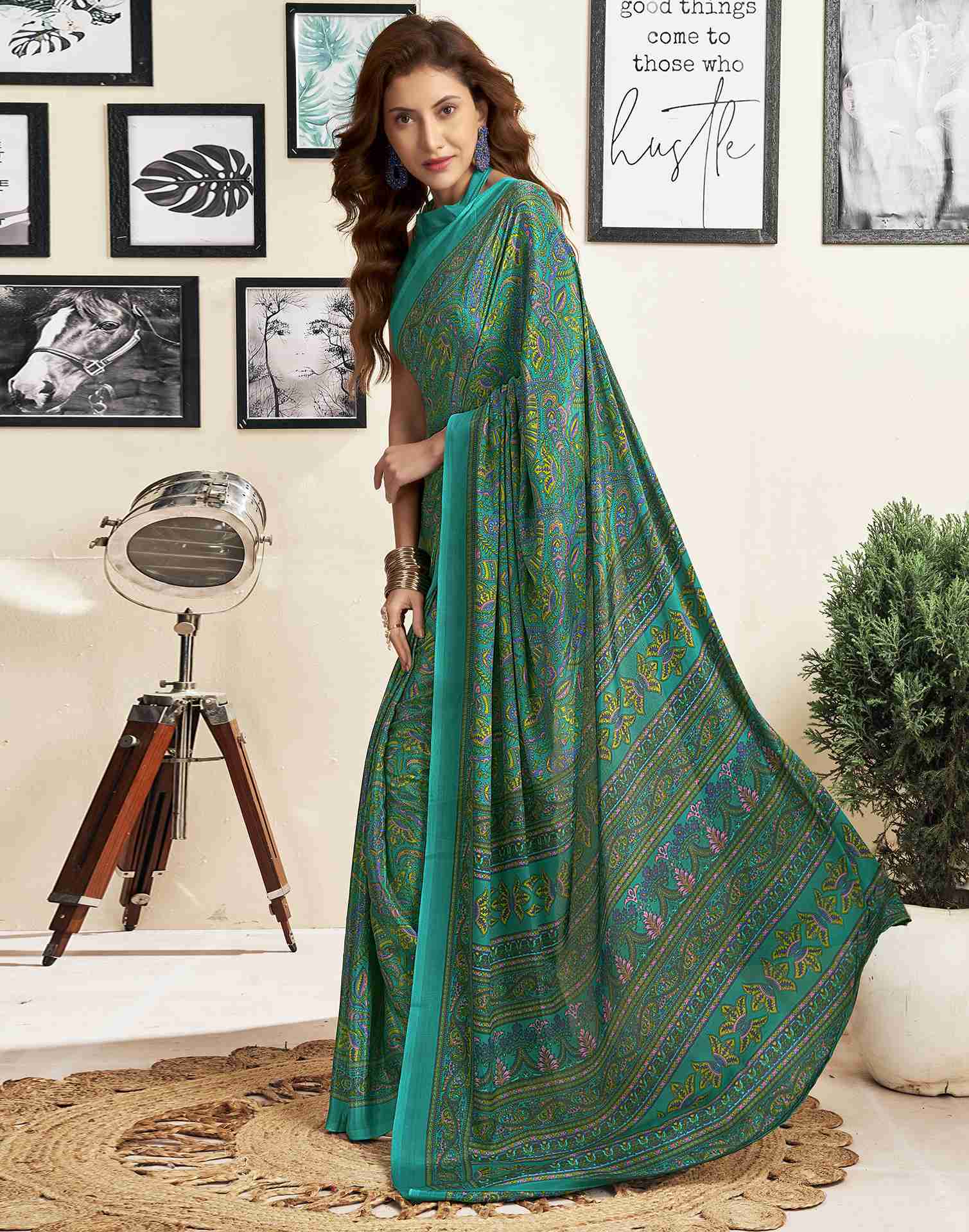 Teal Green Silk Printed Saree