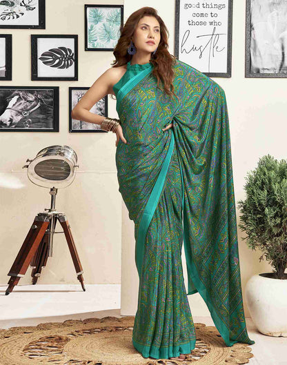 Teal Green Silk Printed Saree