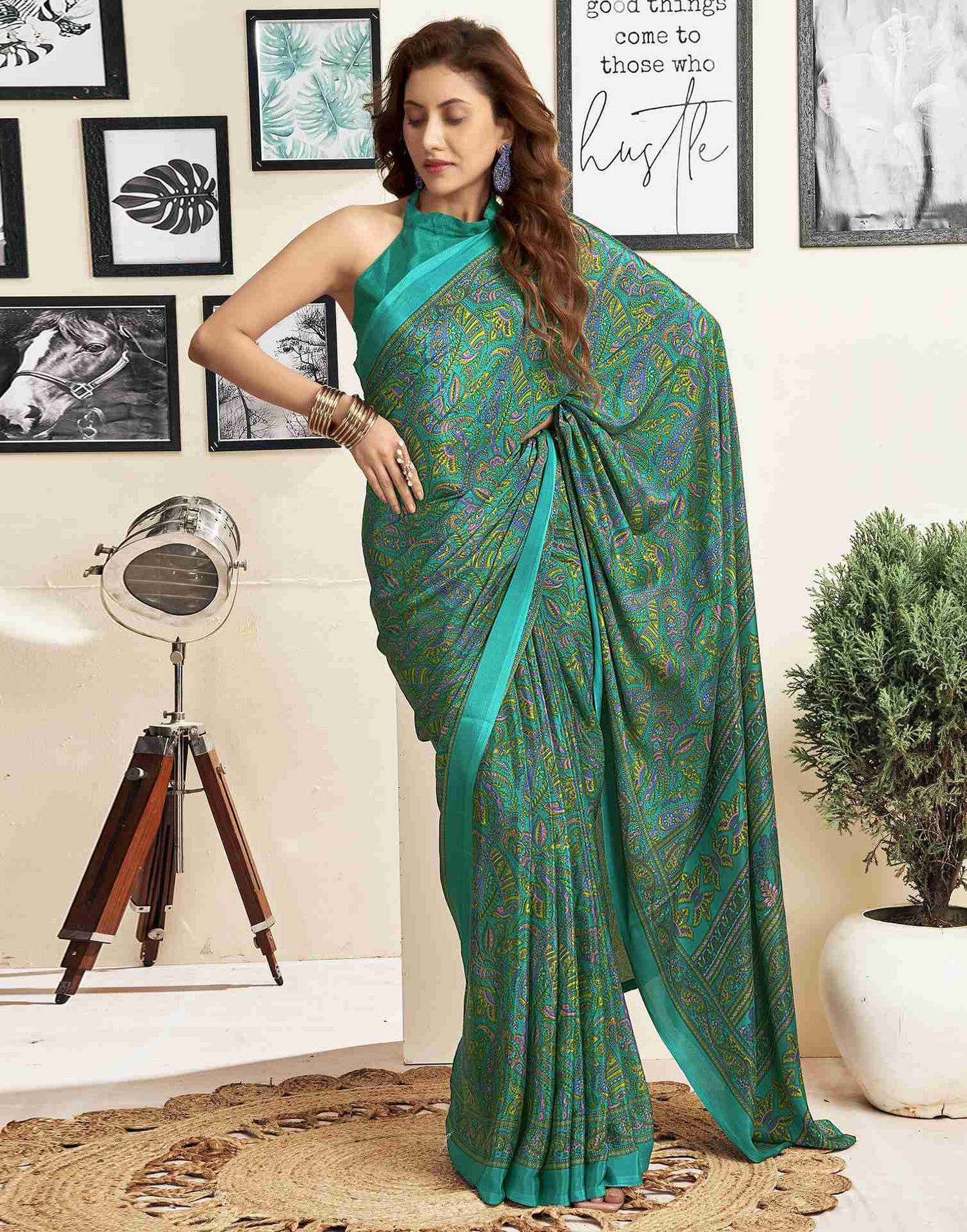 Teal Green Silk Printed Saree