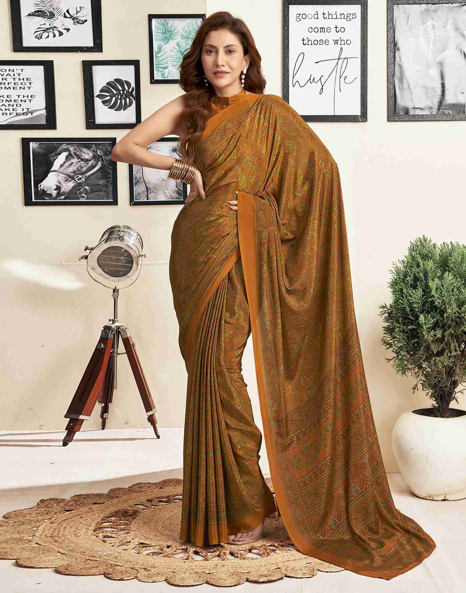 Mustard Yellow Silk Printed Saree