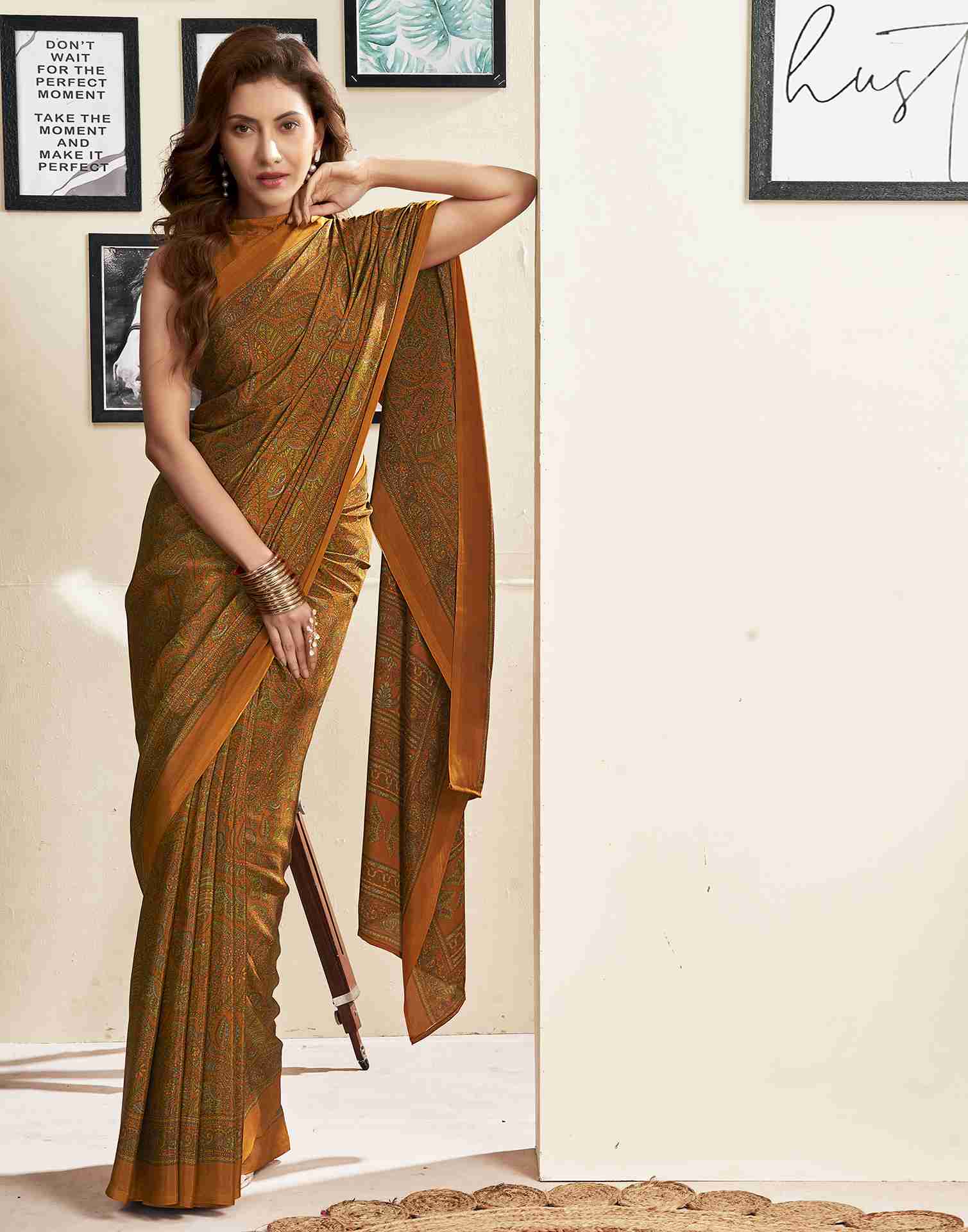 Mustard Yellow Silk Printed Saree