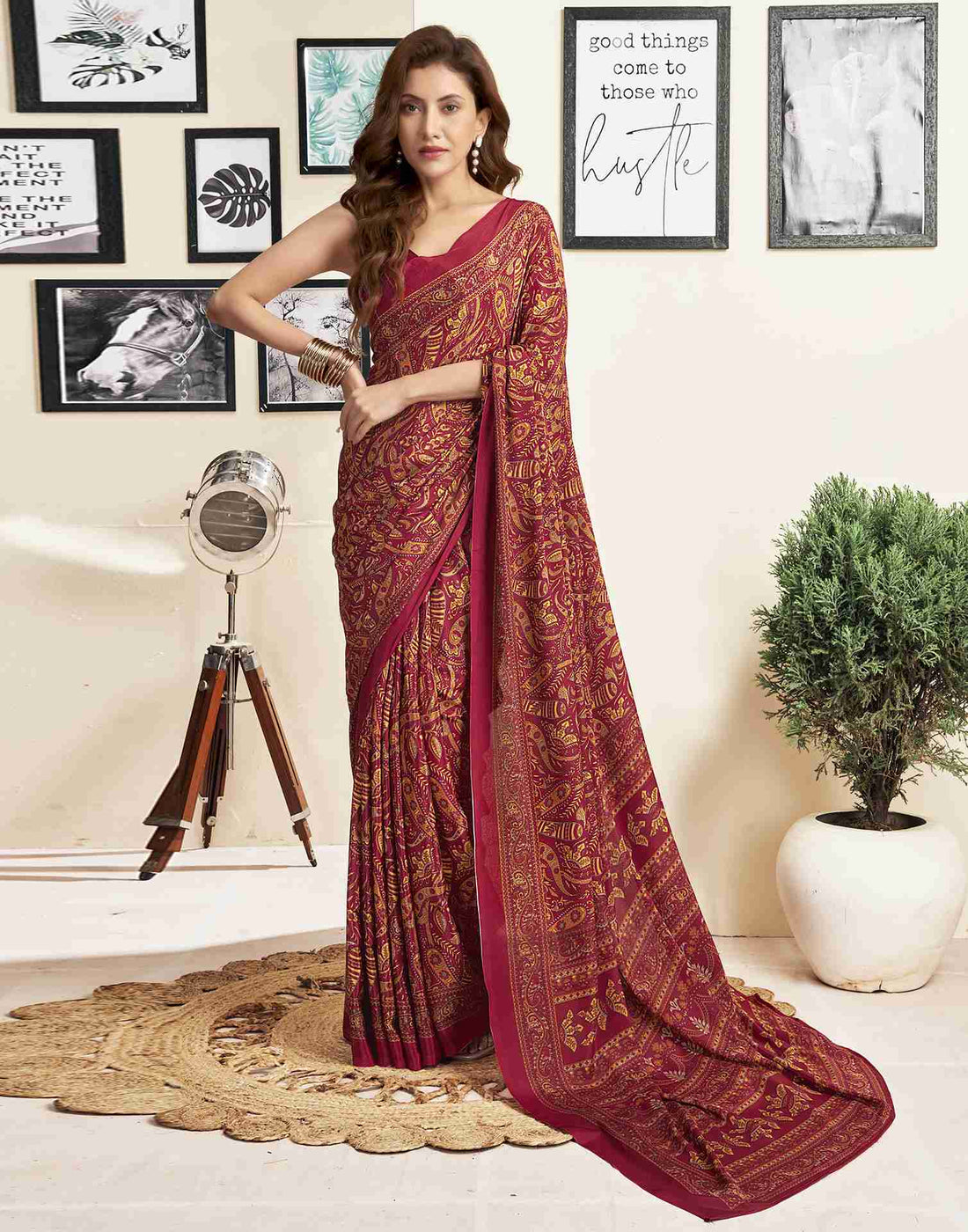 Maroon Silk Printed Saree