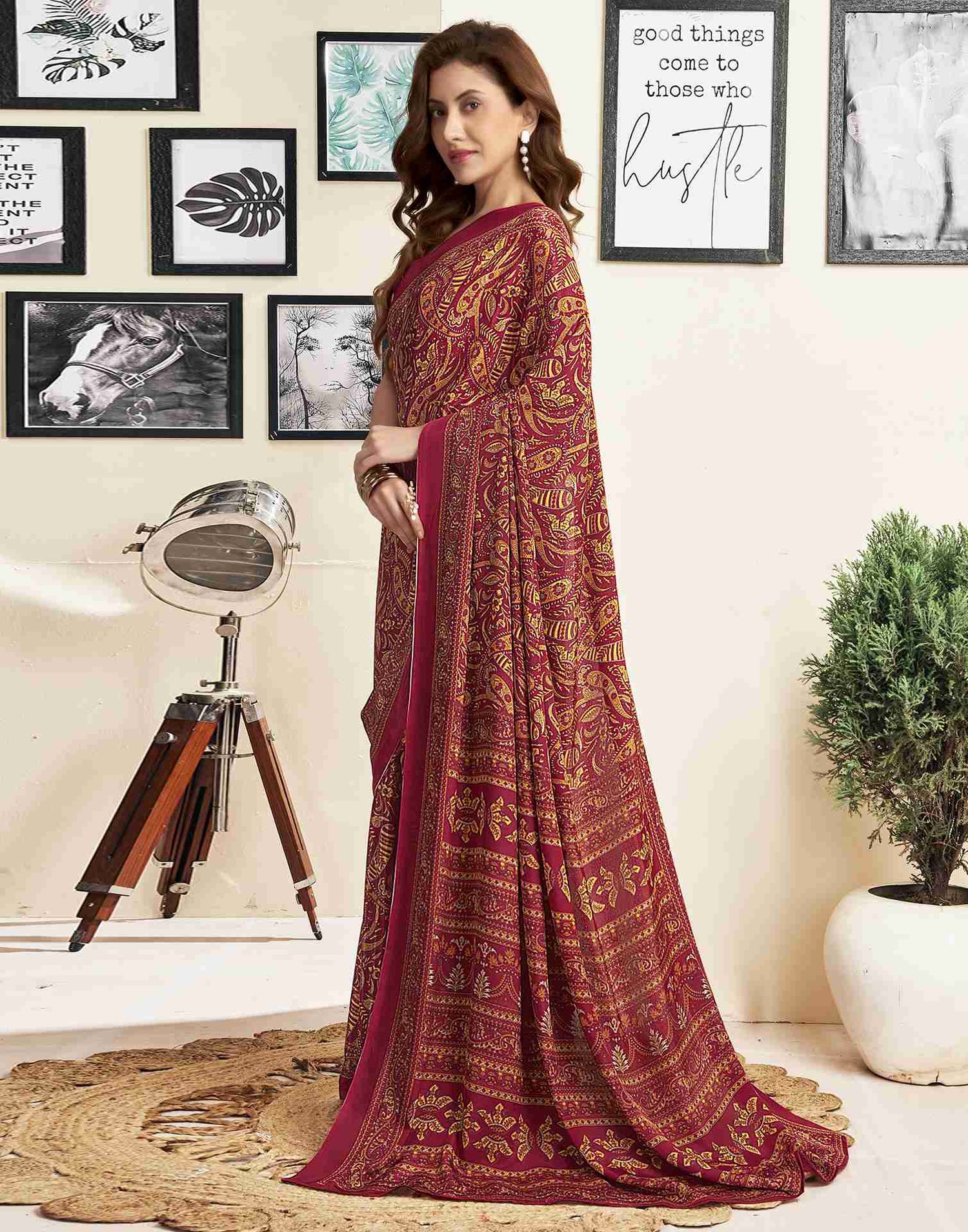 Maroon Silk Printed Saree