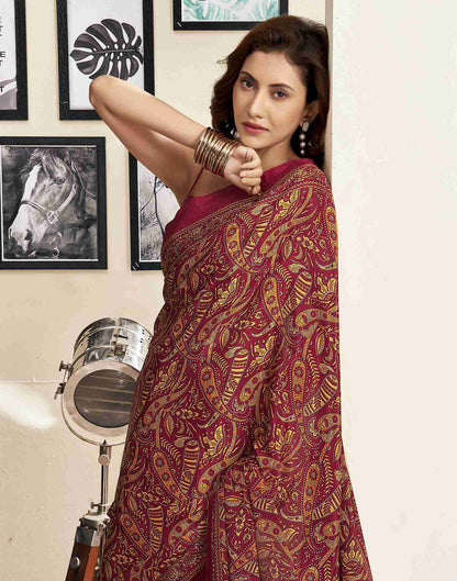 Maroon Silk Printed Saree