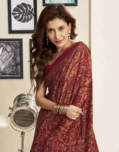 Maroon Silk Printed Saree