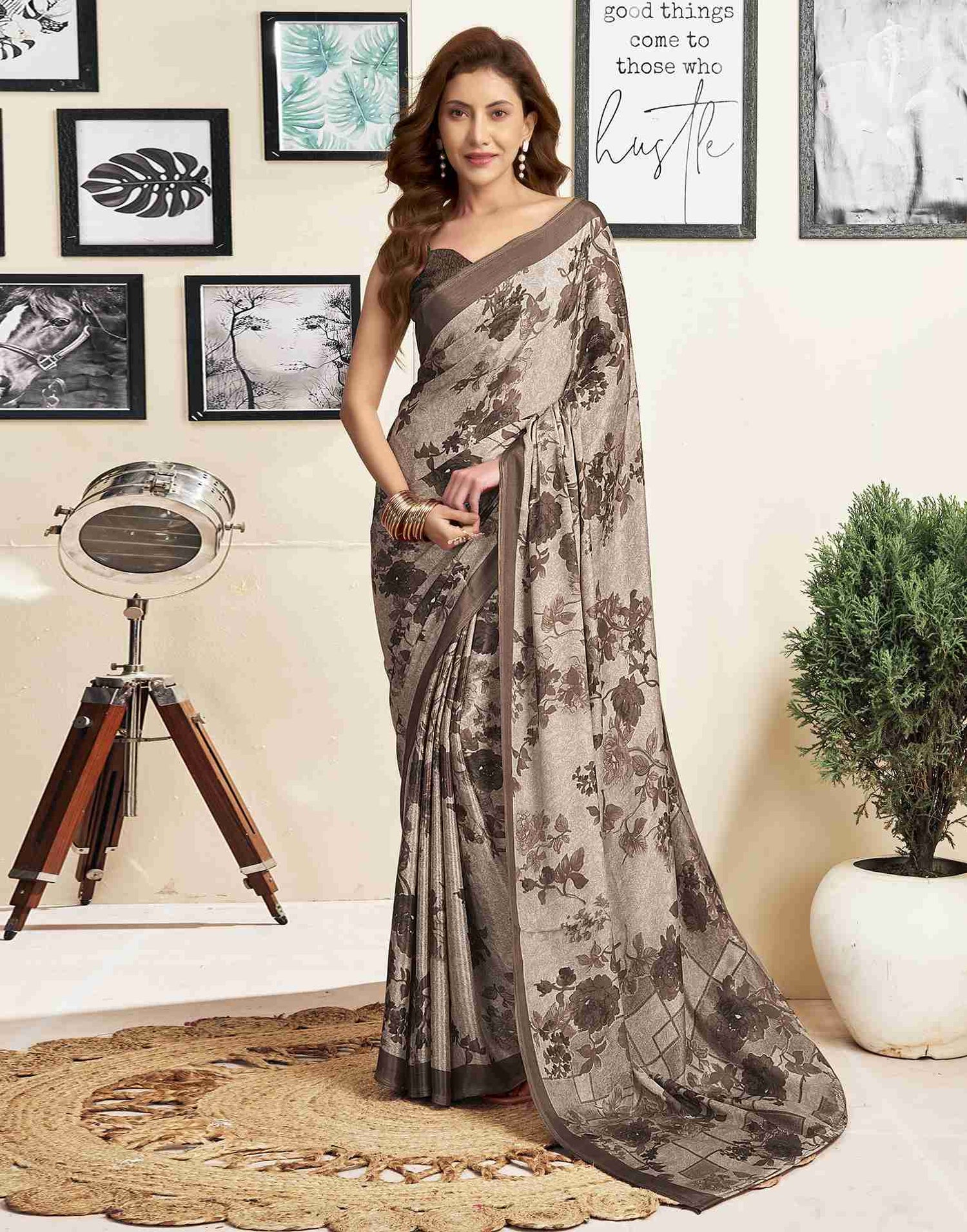 Light Beige Silk Printed Saree