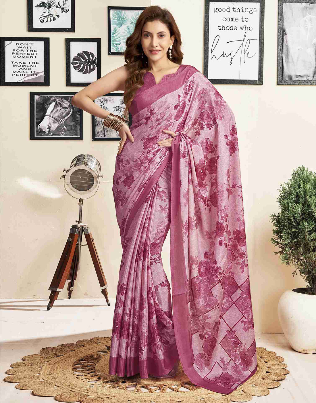 Light Pink Silk Printed Saree