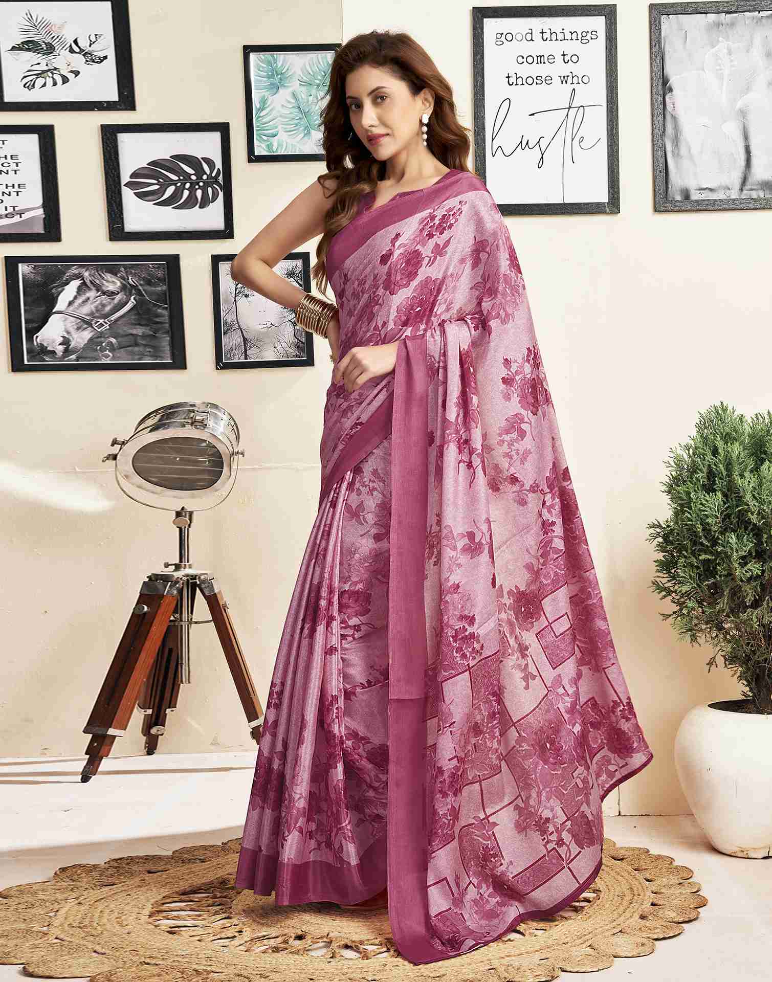 Light Pink Silk Printed Saree