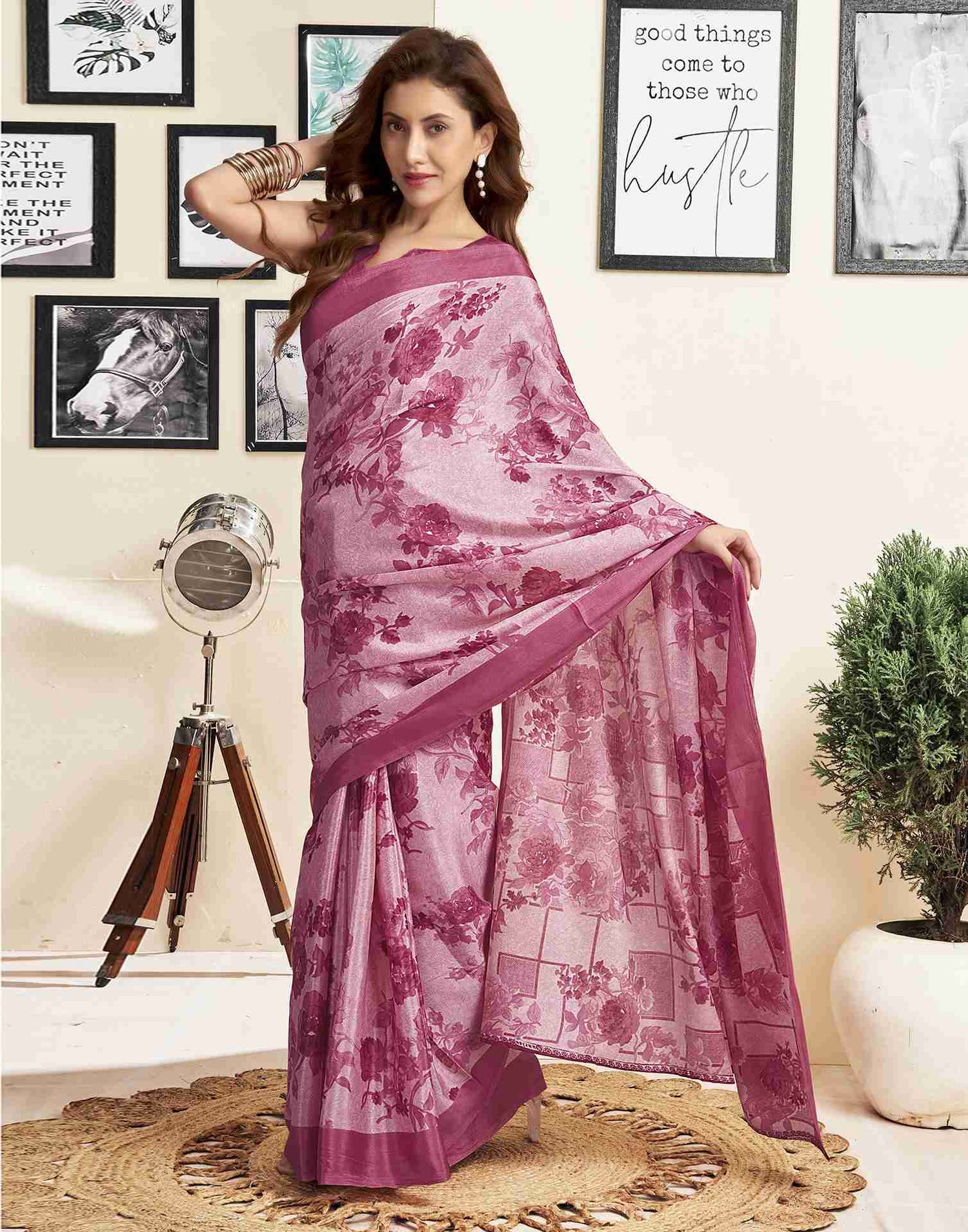 Light Pink Silk Printed Saree