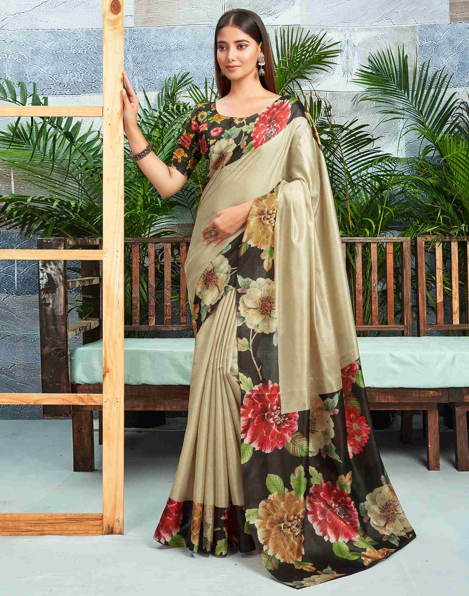 Cream Silk Printed Saree