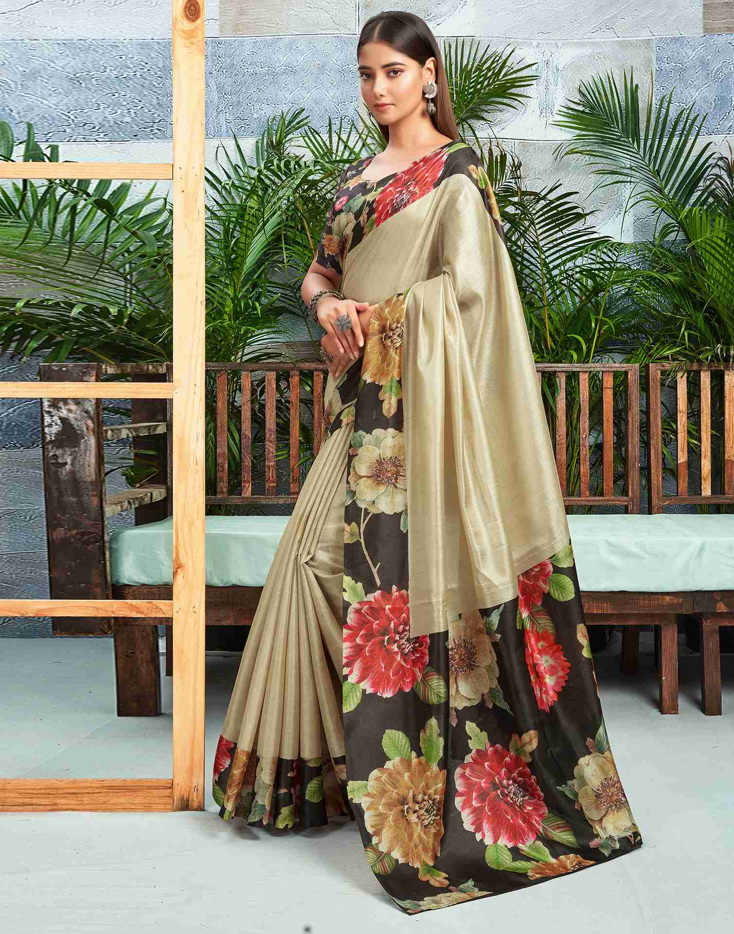 Cream Silk Printed Saree